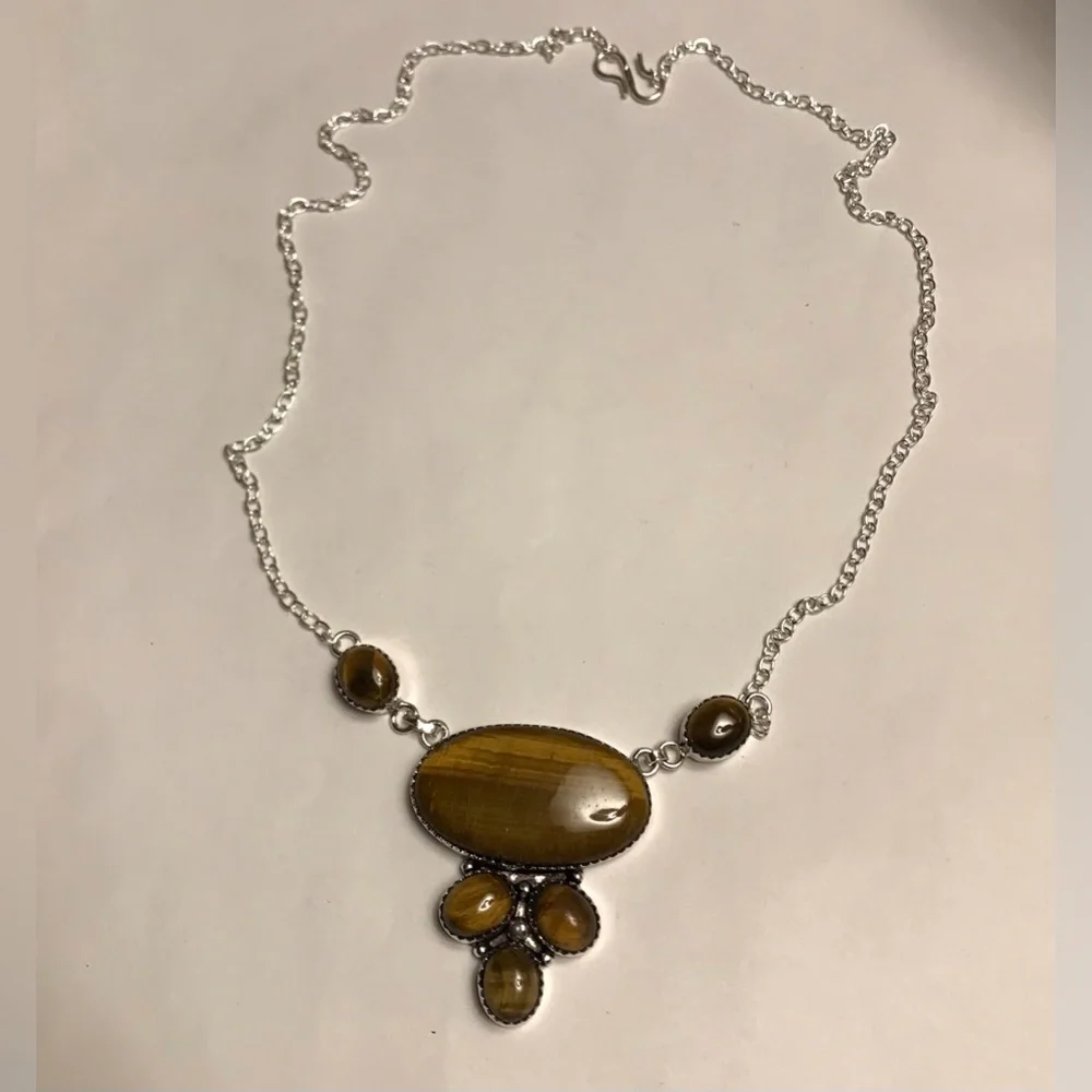Tiger Eye Stamped 925 Sterling Silver Necklace